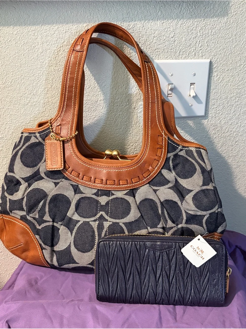Coach Ergo Denim Kisslock Hobo Satchel NWOT & Navy Twisted Leather Wallet NWT